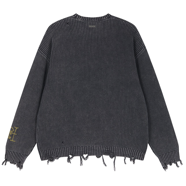 ED HARDY - DISTRESSED LOS ANGELES KNITTED RELAXED CREW JUMPER BLACK