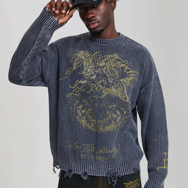 ED HARDY - DISTRESSED LOS ANGELES KNITTED RELAXED CREW JUMPER BLACK