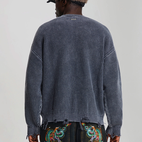ED HARDY - DISTRESSED LOS ANGELES KNITTED RELAXED CREW JUMPER BLACK