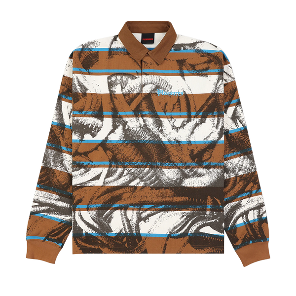 PLEASURES - WORMS RUGBY LONG SLEEVE POLO BROWN