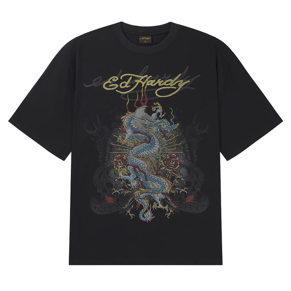 ED HARDY - DRAGON CITY DIAMANTE T-SHIRT BLACK