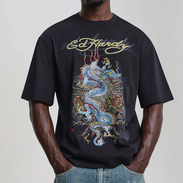 ED HARDY - DRAGON CITY DIAMANTE T-SHIRT BLACK