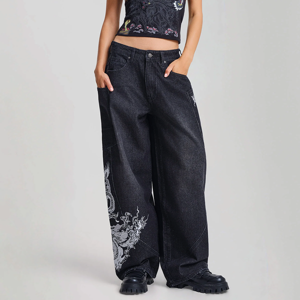 ED HARDY - W'  DRAGON WASHED BALLOON LEG JEANS BLACK