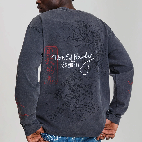 ED HARDY - FLYING TWIN DRAGON LS T-SHIRT BLACK