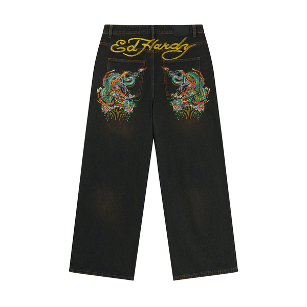 ED HARDY - SLITHERING DRAGON EMBROIDERED XXTRA JEANS SANDY BLACK