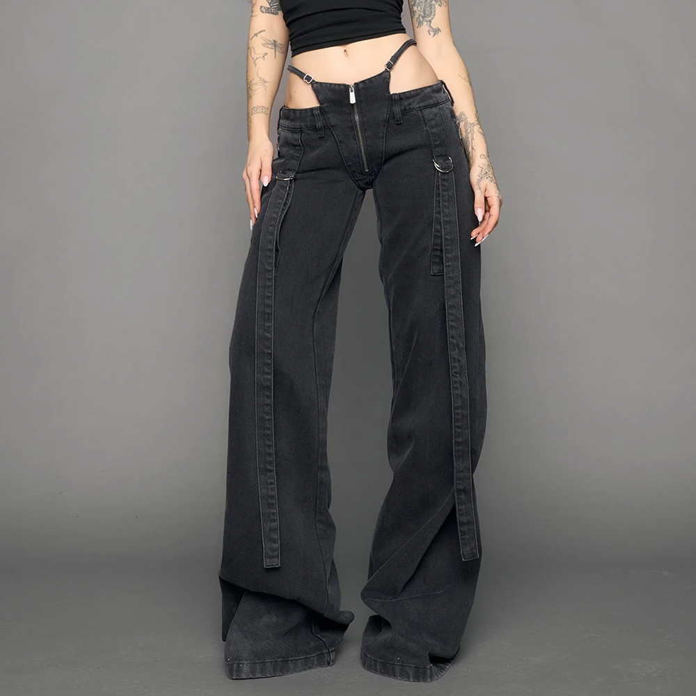 NAMILIA - BELTED DENIM THONG PANTS BLACK WASHED