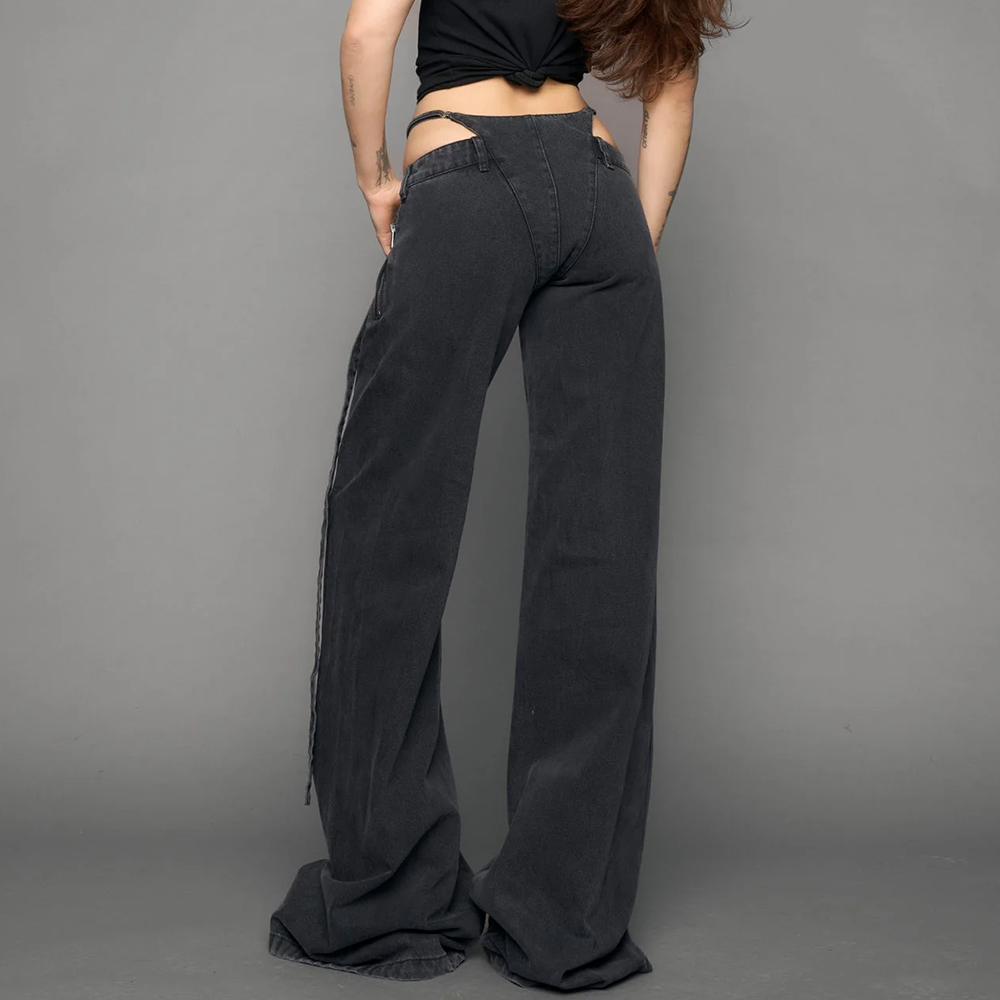NAMILIA - BELTED DENIM THONG PANTS BLACK WASHED