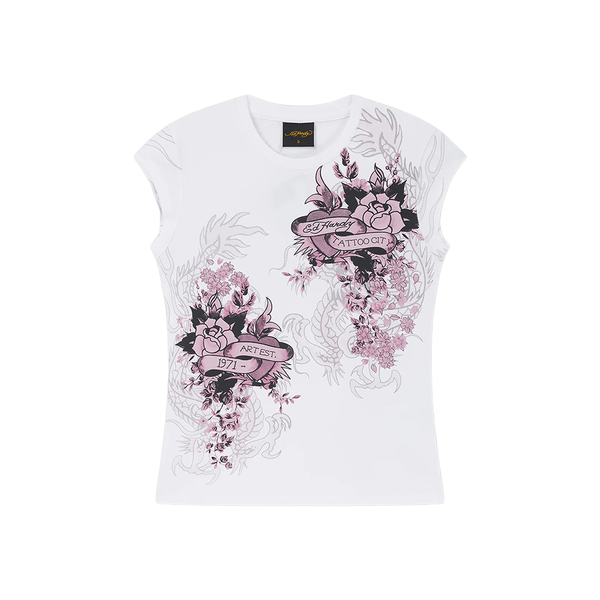 ED HARDY - TATTOO CITY CAP SLEEVE FITTED TOP WHITE