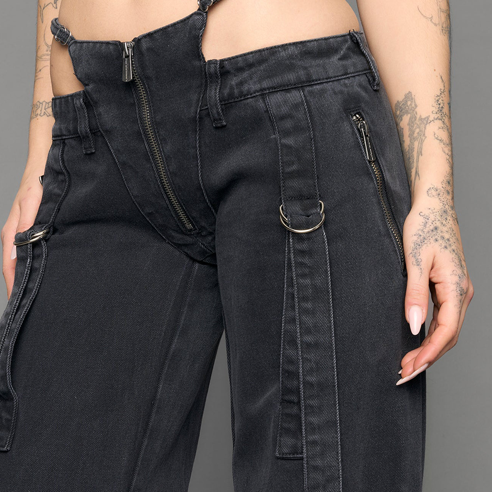 NAMILIA - BELTED DENIM THONG PANTS BLACK WASHED