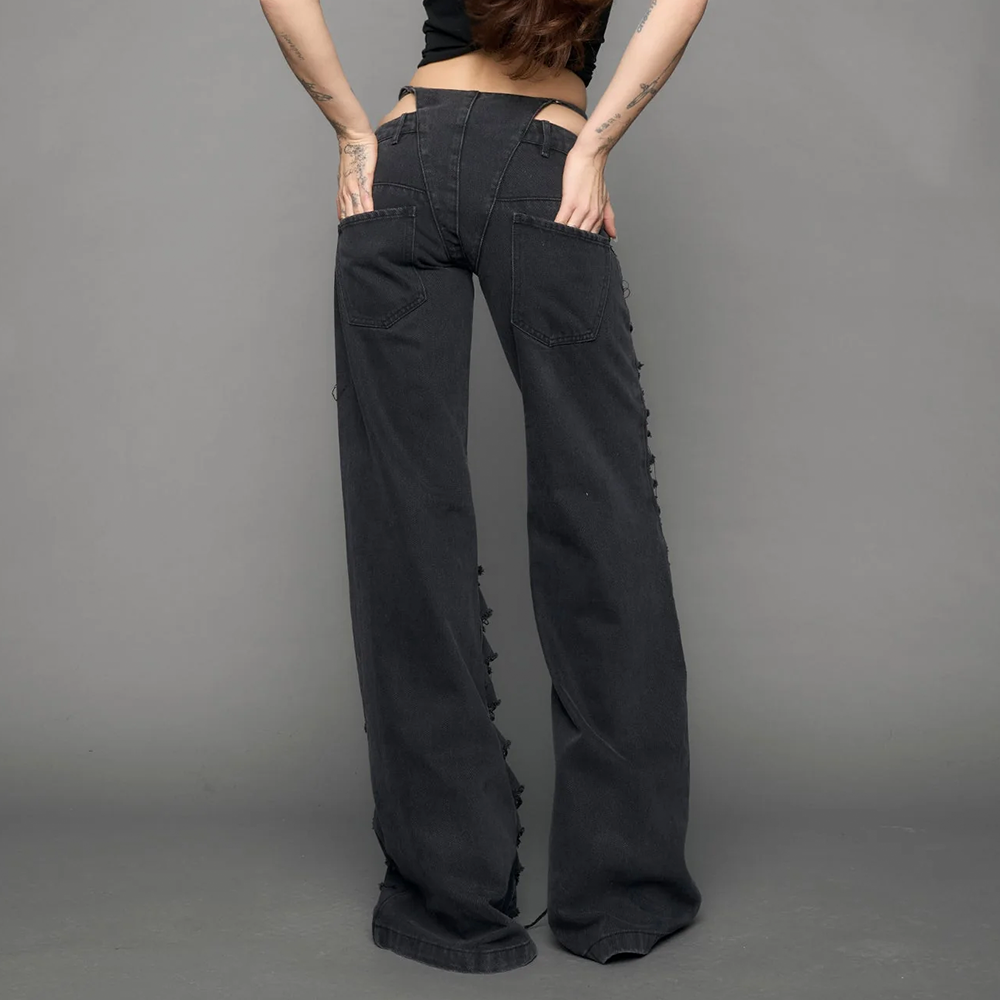NAMILIA - DENIM THONG PANTS BLACK WASHED