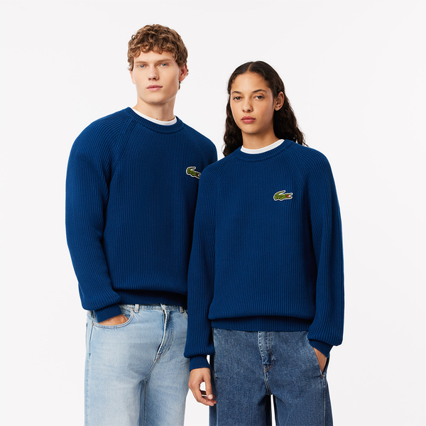 LACOSTE - CREWNECK PEARL RIBBED COTTON SWEATER BLUE