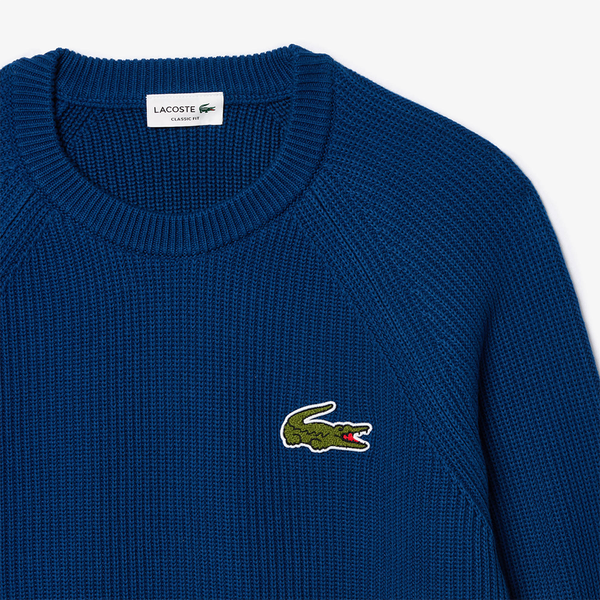 LACOSTE - CREWNECK PEARL RIBBED COTTON SWEATER BLUE