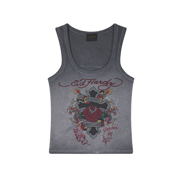 ED HARDY - TATTOO CITY CAP SLEEVE FITTED TOP BLACK