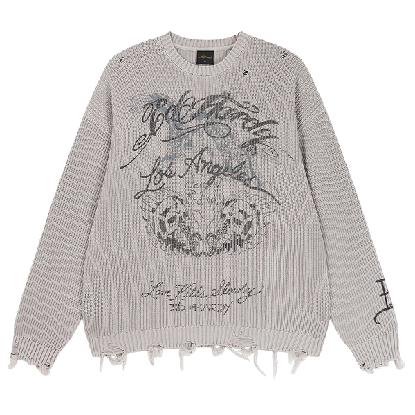 ED HARDY - DISTRESSED LOS ANGELES KNITTED RELAXED CREW JUMPER