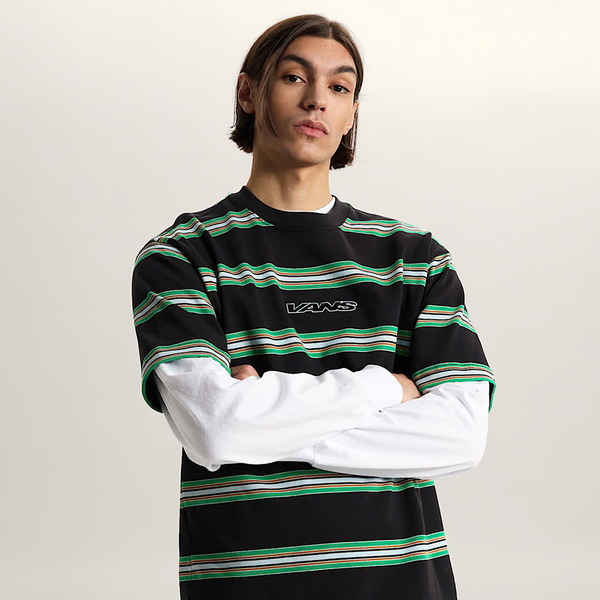VANS - MESA STRIPE T-SHIRT BLACK/VERDENT