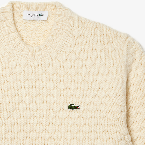 LACOSTE - THICK CARDED WOOL NECK SWEATER WHITE