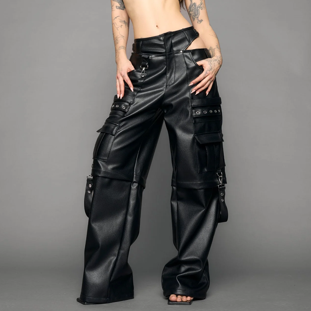 NAMILIA - CARGO LEATHER TROUSERS BLACK