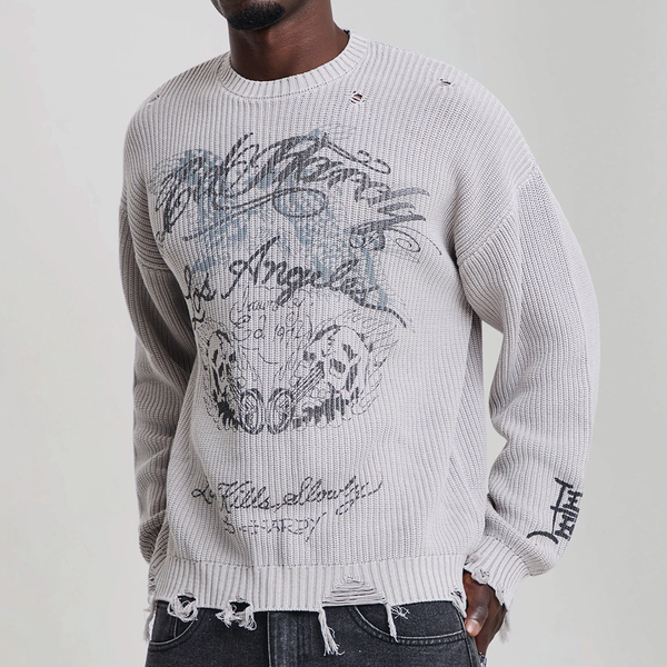 ED HARDY - DISTRESSED LOS ANGELES KNITTED RELAXED CREW JUMPER
