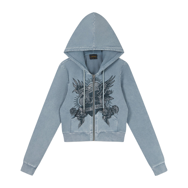 ED HARDY - STAY TRUE FITTED CROPPED WASHED ZIP THRU HOODIE