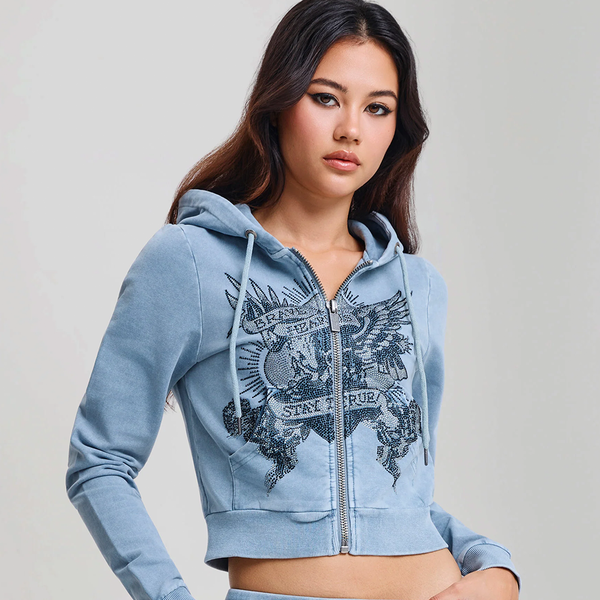 ED HARDY - STAY TRUE FITTED CROPPED WASHED ZIP THRU HOODIE