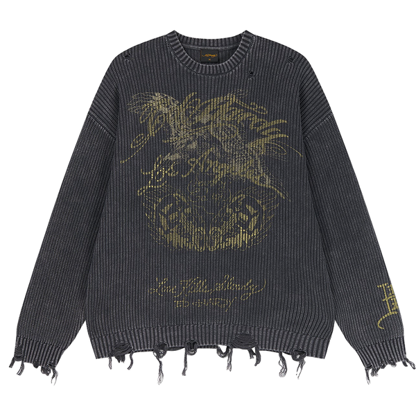 ED HARDY - DISTRESSED LOS ANGELES KNITTED RELAXED CREW JUMPER BLACK